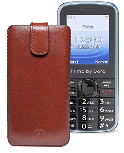Original Favory ® Etui Tasche für / Primo 305 by Doro / Leder Etui Handytasche Ledertasche Schutzhülle Hülle Hülle *Lasche mit Rückzugfunktion* In Braun
