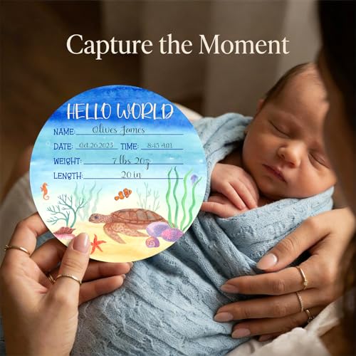 Image of Ocean Baby Announcement Sign, Wooden Nursery Name Decor 6in | Ocean Themed Wooden Name Sign for Newborn Announcement, Nursery Decor, or Baby Shower Gifts, Records Baby's Name & Stats