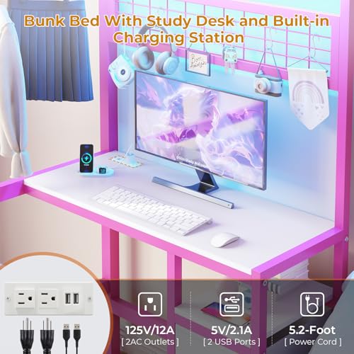 image for DICTAC Bunk Bed with Desk and Charging Station Metal Loft Bed Twin Siz