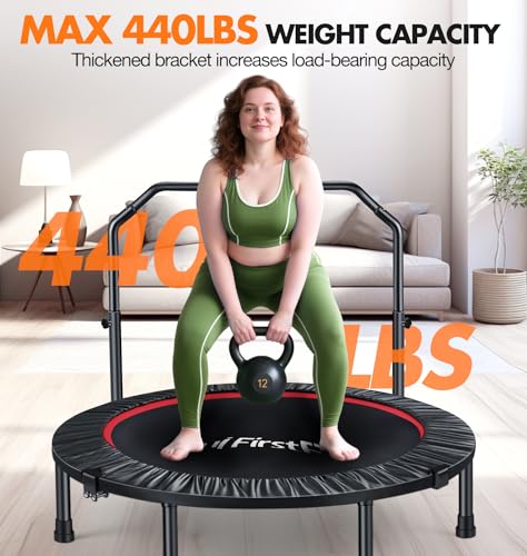 50 Inch Mini Fitness Trampoline for Adults, Foldable Exercise Trampoline with 5 Levels Adjustable Foam Handle, Rebounder Trampoline for Bounce Workout Indoor/Garden Max Load 440lbs