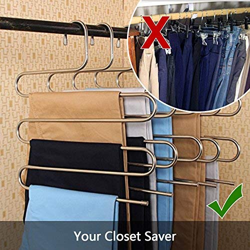 Devesanter Pants Hangers Non-Slip S-Shape Trousers Hangers Stainless Steel Clothes Hangers Closet Storage Organizer For Pants Jeans Scarf (4 Pack With 10 Clips) #TOP4