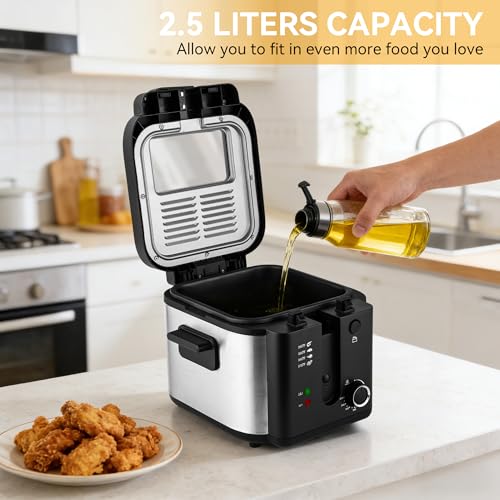 Image of Pukomc Electric Deep Fryer with Basket,Adjustable Temperature Frying Pot for Home Use,Removable Lid and 2.5L Non-Stick Inner Pot & Easy to Clean | Frying Pot for Home Use,Viewing Window,Detachable Frying Basket,Removable Lid and Non-Stick Inner Pot & Easy to Clean