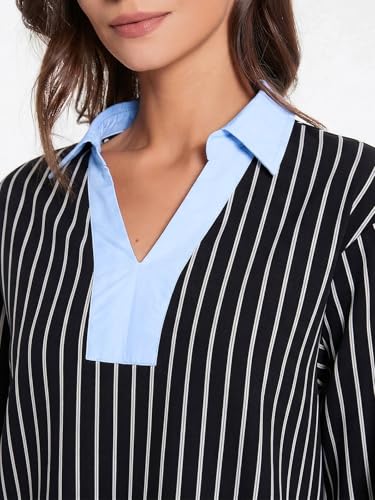 Image of Kedera Women's Summer Striped Dress Long Sleeve V Neck Collared Shirt Mini Dresses 2025 Trendy with Side Slit