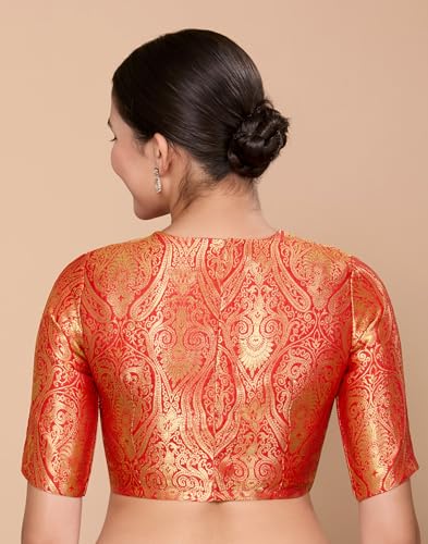 Image of Studio Shringaar Women Brocade Silky Jewel Neck Readymade Elbow Length Sleeve Saree Blouse