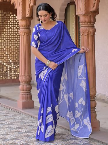 Image of Satrani Women's Chinnon Chiffon Printed Saree with Unstitched Blouse Piece