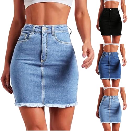 Stretchy Denim Mini Skirts for Women High Waisted Slim Fit Raw Hem Jean Skirt Stretch Bodycon Short Skirt with Pockets