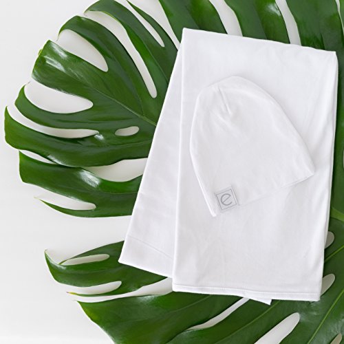 Image of Ely's & Co. Cotton Knit Jersey Swaddle Blanket and 2 Beanie Gift Set, Large Receiving Blanket - White