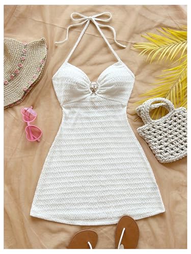 MakeMeChic Women's Textured Halter Dress Metal Starfish Backless Cut Out Summer Mini Dresses4