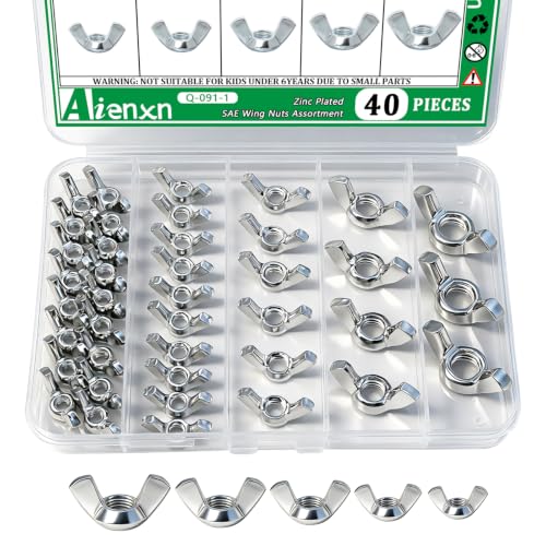 Image of 40PCS SAE Wing Nuts Assortment Kit, 5 Sizes- 5 /32 inch, 3 /16 inch, 1 /4 inch, 5 /16 inch, 3 /8 inch, Zinc Plated Wingnuts Fasteners, Parts Butterfly Wing Nut