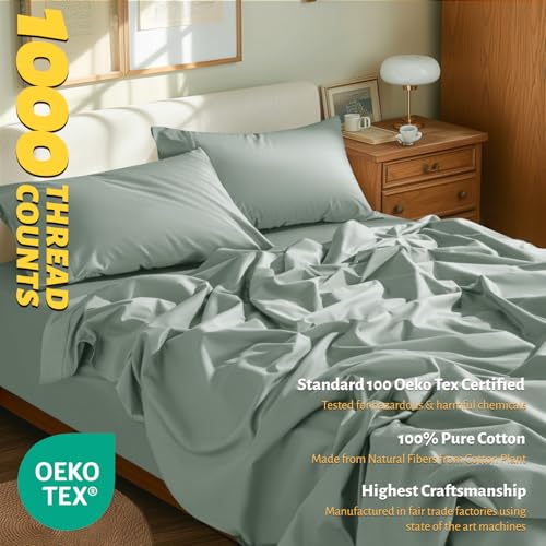 Shilucheng 100% Egyptian Cotton King Size Sheets Set - 1000 Thread Count,Luxury Cotton Bed Sheets,Breathable & Cooling Bedding and Pillow Cases, 16 Inch Deep Pocket - 4 Piece (Sea Glass, King)