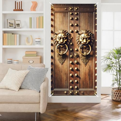 Image of Vintage Lion Head Door Cover 35x71in Rustic Knocker Decor