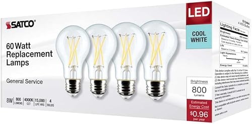 Miniatura 7 de Satco 12464-8A19/CL/LED/E26/940/4PK/120V (S12464) A19 A Line Pear Bombilla LED