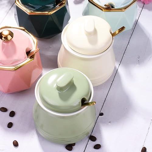 Miniatura 6 de Azucarero con tapa y cuchara, tazón de azúcar de cerámica, contenedor de azúcar multifunción para especias, tarro de sal, condimentos, tarro de