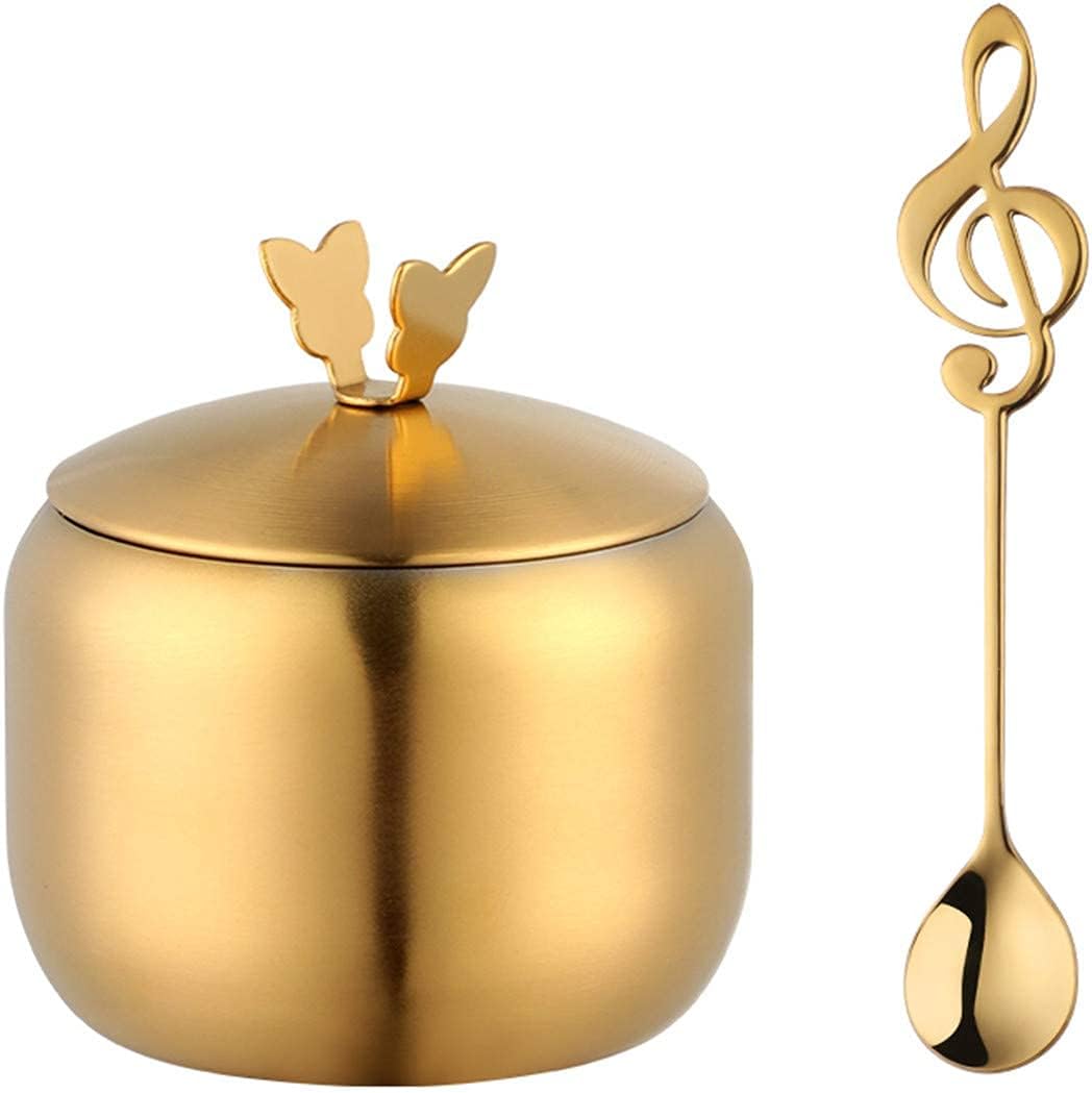 Seasoning Pot with Lid and Spoon, Stainless Steel Condiment Jar Spice Container for Salt Pepper Chili Sauces Sugar,Sugar Bowl and Salt Bowl-Rose Gold