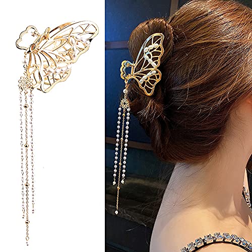 Butterfly Clips 1PCS Butterfly Metal Hair Claw Clip Gold Hairpin Fashion Nonslip Hair Clamps Butterfly Tassel Hair Catch Clip Hair Accessories Hair Clips for Styling Thick Hair Thin Hair Women Girls