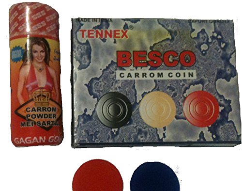 Carrom Board Accessory Set; 2 Strikers, Carrom Men & Carrom Powder