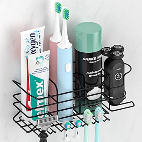 KEGII Toothbrush Holder Wall Mounted, Toothbrush Holder for Bathroom, Electric Toothbrush Holder, Black Stainless Steel Toothbrush Toopaste Razor Holder, Self Adhesive Hanging Bathroom Organizer Cover