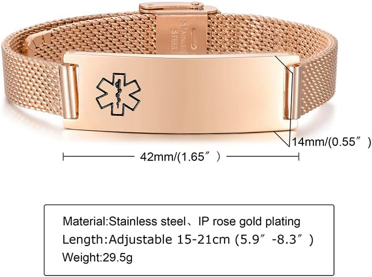 Miniatura 6 de Pulseras personalizadas de alerta médica para hombres, mujeres y niños, grabado gratuito, malla de acero inoxidable ajustable, pulsera de