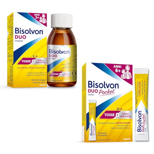 Bisolvon Duo Emolliente: Sciroppo Contro Tosse e Gola Irritata (100 ml) + Bisolvon Duo Pocket Lenitivo Sciroppo in Bustina Contro Tosse e Gola Irritata, per Adulti e Bambini (12 Bustine Monodose)