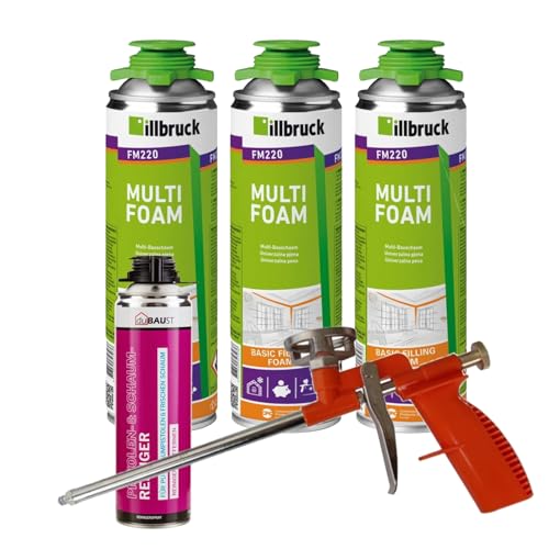 FM220 Bauschaum Montageschaum Pistolenschaum Multischaum Fensterschaum hohe Schalldämmung Wärmedämmung 500ml Kombisets (mit Reiniger AA290 + Schaumpistole Compact 3x 500ml)
