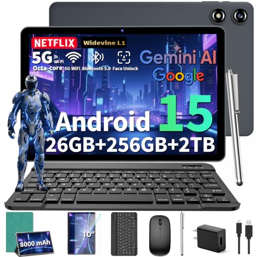 Image of 2026 10 Inch Tablet, Gemini AI Android 15 Tablet with Keyboard, 26GB+256GB+2TB Expand, Electronic Tablets PC with Octa-Core, 8000mAh, 5G WiFi, GPS, GMS, 2 in 1 Tablet with Case, Mouse, Stylus(Green)