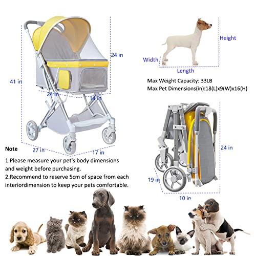 Folding Dog Stroller, Lightweight Pet Stroller, 4 Wheels Dog/Cat Puppy Portable Stroller, Aviation Aluminum Frame With Storage Basket, 360° Front Wheel Rear Wheel Spring Damping With Brake #TOP5