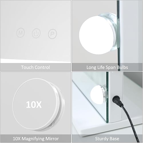 Miniatura 6 de HOMPEN Hollywood - Espejo de maquillaje con luces, pantalla táctil, 3 modos de color, espejo de mesa sin marco con 17 bombillas regulables, color