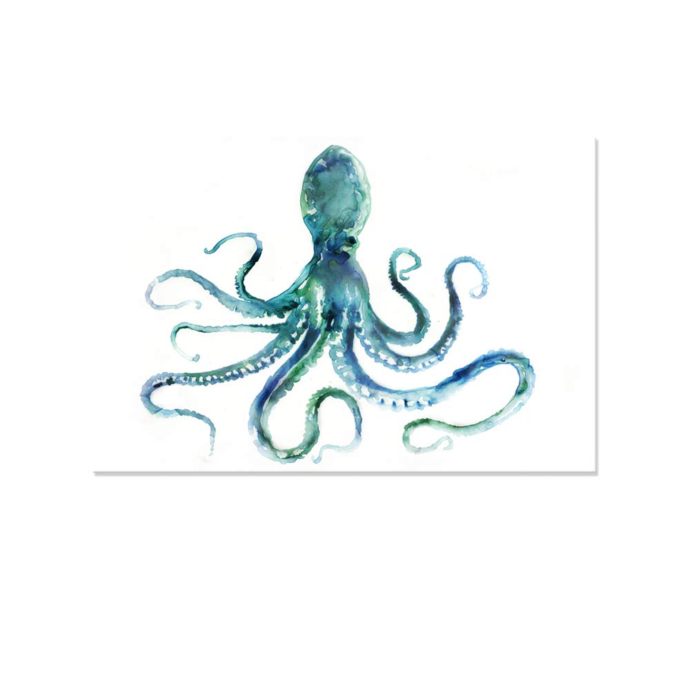 JAPO ART Blue Octopus Bathroom Decor Canvas Wall Art by Edward Selkirk Coastal wall decor Nautical Ocean Animal Watercolor Marine life Sea Pictures Framed Artwork Print on Canvas for Living Room