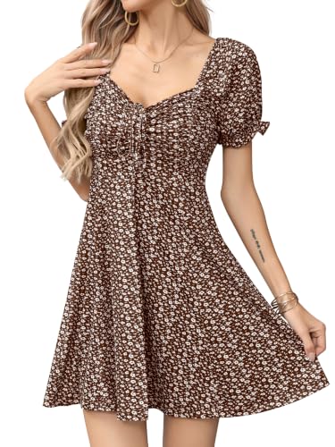 Image of Missufe Women's Puff Short Sleeve Drawstring Ruched Front Fit and Flare Floral Summer Casual Short Dress