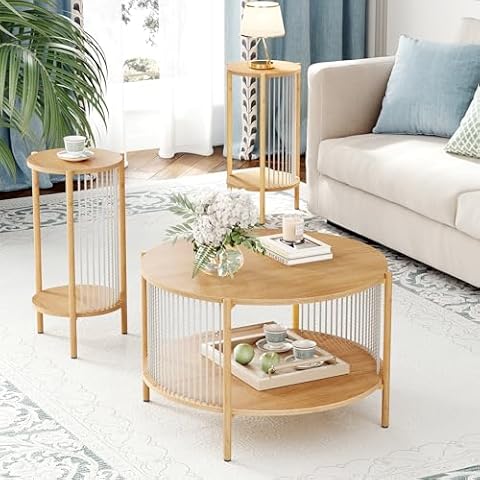 Yechen 3-Piece Boho Coffee Table Set with Hand-Woven Natural Rope, 2 Tier Wooden Round Coffee Table and End Table Sets with Metal Frame, Side Table with Storage for Living Room, Bedroom Cover