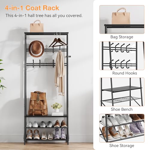 IDEALHOUSE Coat Rack Shoe Bench with 10 Hooks, Hall Trees Entryway Bench with Storage, Multifunctional Hallway Organizer, Wood Look Accent Furniture