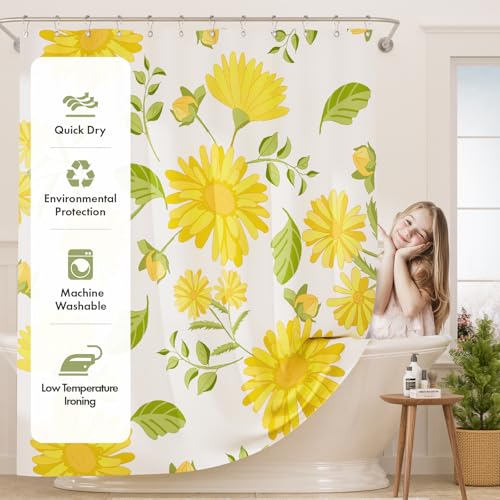 Image of AmazerBath Floral Shower Curtain, Washable Cloth Shower Curtain Sets with 12 Shower Curtain Hooks, Fabric Rustic Yellow Gerbera Flower Eucalyptus Fall Shower Curtains for Bathroom Decor, 72x72 Inches