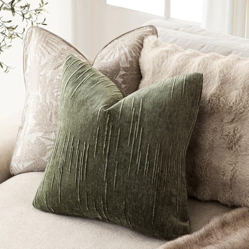 Image of Foindtower Pack of 2 Slubby Textured Chenille Throw Decorative Pillow Covers Square Accent Solid Cushion Cover Soft Farmhouse Pillow Case for Couch Sofa Bedroom Living Room 20x20 Inch,Dark Olive Green