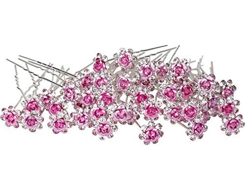 40pcs Bridal Wedding Crystall Hair Pins Bridal Prom Clips Rose Hair Pin with 2 Storage Bags Rose U-shaped Design Collection Crystal Hair Pins Clips (Pink)