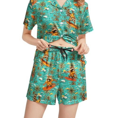 Image of Funny Pajamas for Women Set Print Satin Loungewear Pjs Short Sleeve Button Down Top and Shorts Sets Sleepwear XS-3XL
