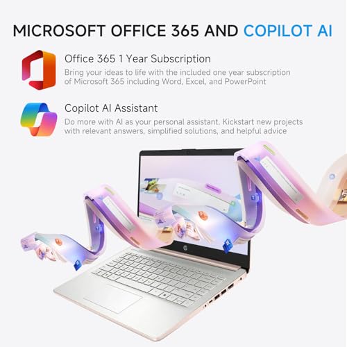 Image of HP 2026 14 Laptop Computer Student Business, Copilot AI, Intel N150, 16GB RAM, 512 GB Storage(128GB UFS+256GB MSD+128GB UFD), 1-Year Office 365, WiFi 6, Ultralight, Portable, Windows 11 Pro, Rose Gold