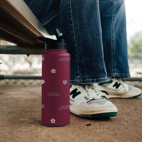 Image of Logo Brands NCAA Texas A&M Aggies Step & Repeat 34 oz Stainless Steel Quencher Bottle - All Over Logo Design, No-Spill Lid, Easy Carry Handle - Keeps Drinks Cold For Hours