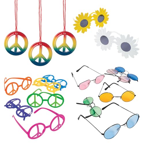 Fun Express Groovy 70s Hippie Sunglasses & Necklaces Kit Fun Accessory Set for Retro Parties, Festivals & Costume Events – for All Ages – 78-Pieces