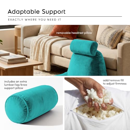 Image of Nestl Reading Pillow with Shredded Memory Foam Includes 2 Neck and Lumber Support Pillows, Designed for Sitting Up in Bed and Couch, Back and Arms Adjustable Support for Adult & Teens, Teal