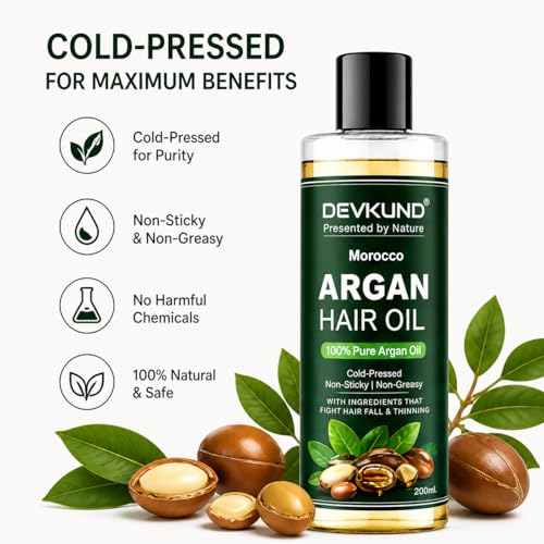Image of Devkund 100% Pure And Natural Moroccan Argan Oil for Dry and Coarse Hair & Skin care 400ml | Hair Fall | Hair Growth