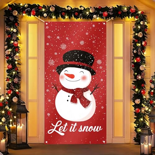 Image of BlissYard Merry Christmas Door Cover 71x35 Inch Front Porch Door Banners Decoration Winter Red Background Snowman with Hat and Scarf Winter Wonderland Theme for Sign Party Indoor Decor