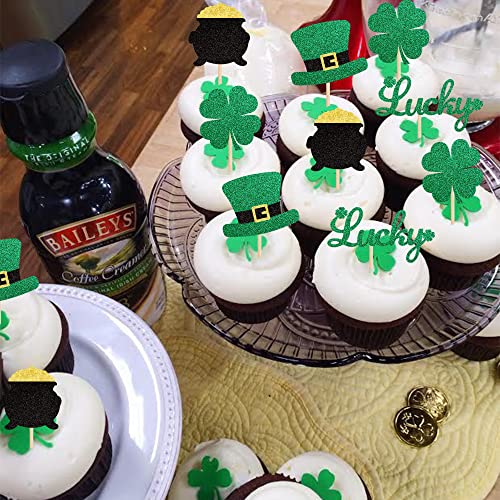 24 Pack St.patrick's Day Cupcake Toppers Green Glitter Top Hat Lucky Four Leaf Clover Cupcake Food Picks Irish St Patrick's Day Baby Shower Birthday Party Cake Decorations Supplies #TOP5