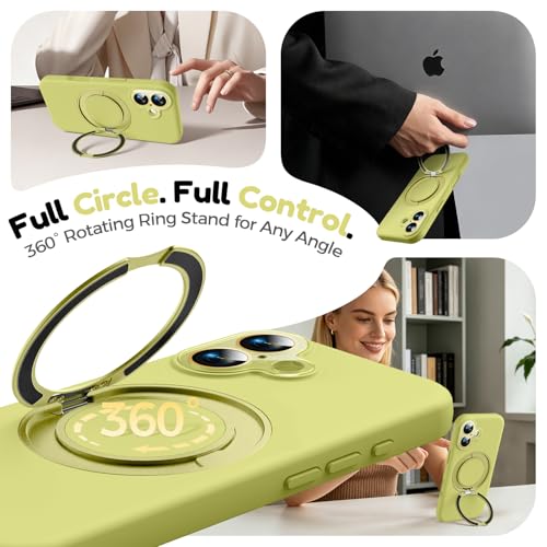 Image of Silicone 360 Spin Magnetic Stand Case for iPhone 17, [Compatible with Mag-Safe][Reinforced Hard Camera Protection] Liquid Silicone Rubber Phone Case Cover with Ring, Camera Button, Butter Yellow