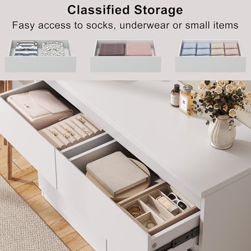 Modern White 8 Drawer Dresser for Bedroom, 15.3" D x 55.2" W x 32.3" H Simply Chest of Drawers, Wood Storage Dresser with Deep Drawers for Living Room Hallway Entryway, White - Image 4