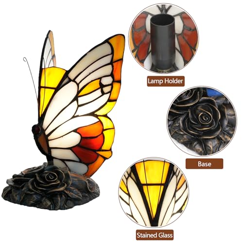 NUODITOS Lampa z motylem Tiffany z witrażem, lampka nocna, mała, akcentująca lampka nocna do salonu, sypialni, kolorowa, rustykalna lampa na biurko, dekoracja domu