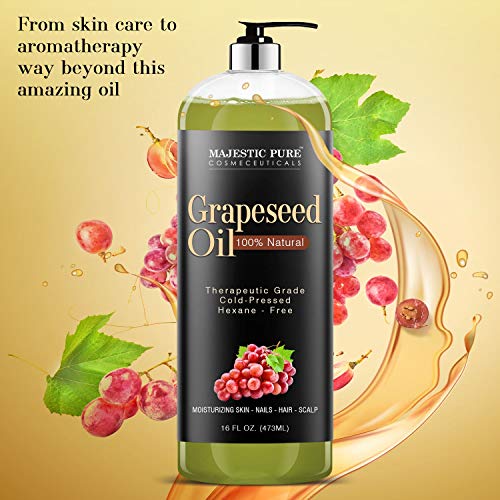 Majestic Pure Grapeseed Oil, Pure & Natural Massage And Carrier Oil, Skin Care For Sensitive Skin, Light Silky Moisturizer For All Skin Types - 16 Fl. Oz. #TOP3