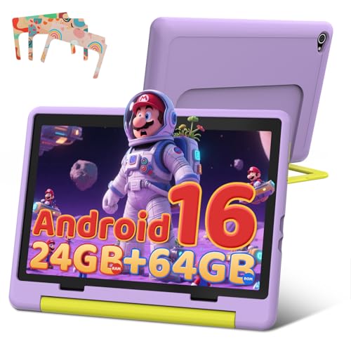 Image of Gleeso 10.1 inch Kids Tablet for Toddlers, 24GB RAM 64GB ROM 1TB Expand, Android 16 Tablet for Kids with Case, Parental Control & UKIDOZ Learning Apps, 6000mAh Battery, BT5.4, Dual Camera, Gift-Purple