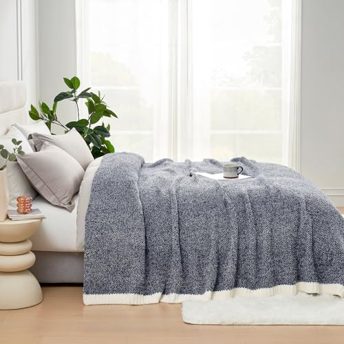 Image of Snuggle Sac Oversized Navy Blanket, Twin XL Size for Bed | Reversible Super Soft & Cozy Knit Throw, Fuzzy Plush Fabric in Heather Navy, 66x90 inches