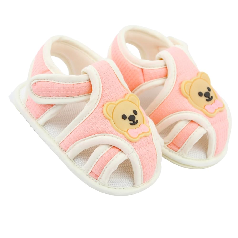6 To 12 Months Baby Boys & Baby Girls Bear Face Pink Anti Skid Cotton Hook & Loop Sandal Booties-BT5494-image-12