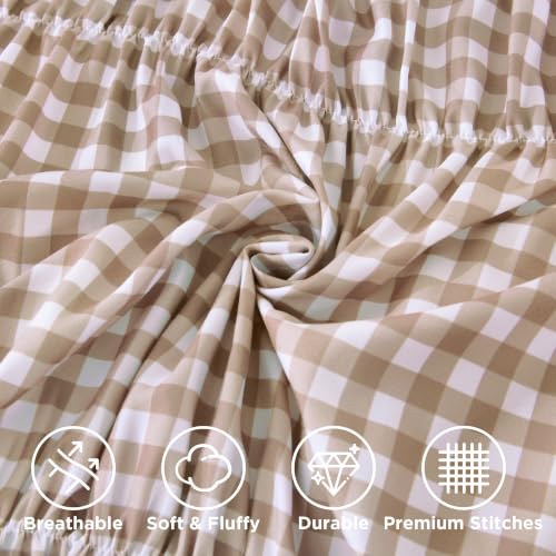 Image of Andency Ruched Gingham Tan King Comforter Set, Boho Ruffle Bedding 3 Pieces | Shabby Chic Bed Set for Girls, Kids, Women, Lightweight Soft Pleatd Comforter, All Season